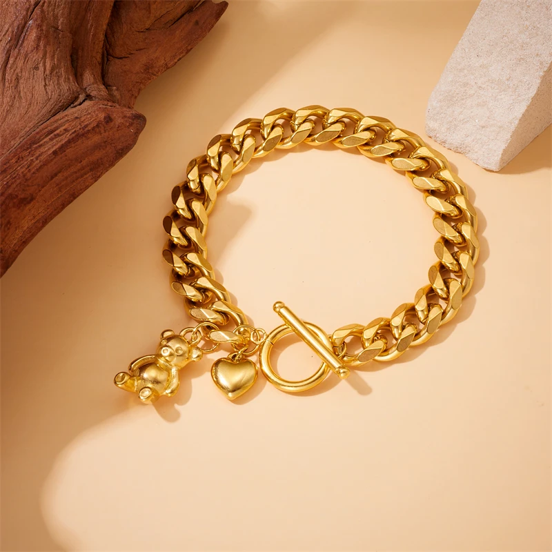 DIEYURO 316L Stainless Steel Cute Bear Charm Bracelet For Women New Gold-plated Wrist Chain Jewelry Party Gift pulseras mujer