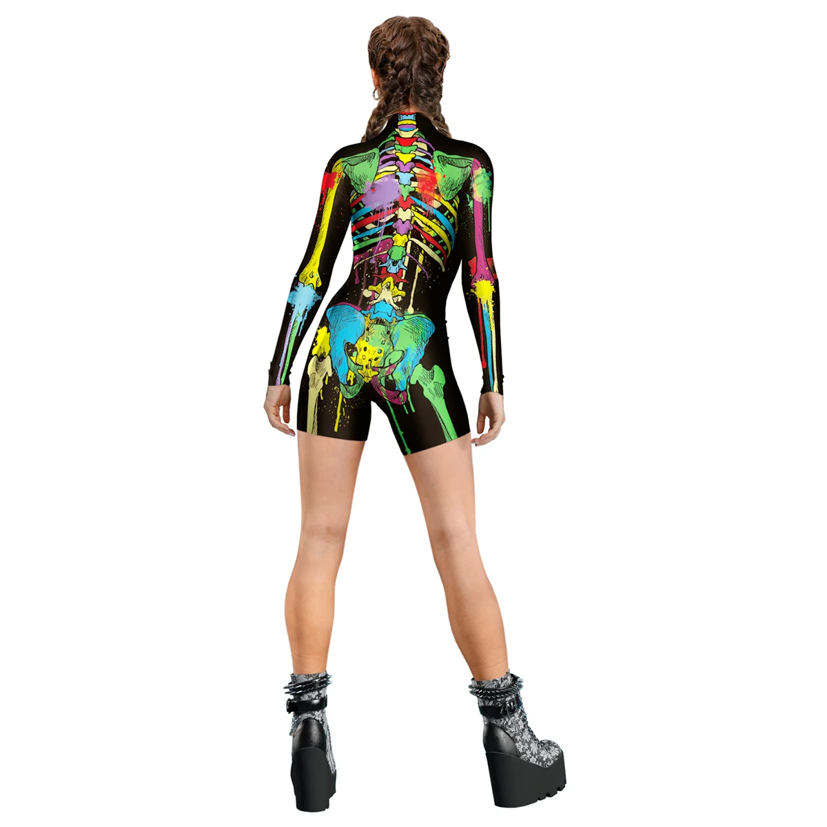 Women Skeleton Muscle Printing Mock Neck Long Sleeved Jumpsuit Shorts One-pieces Tracksuit Zentai Halloween Party CosplayCostume