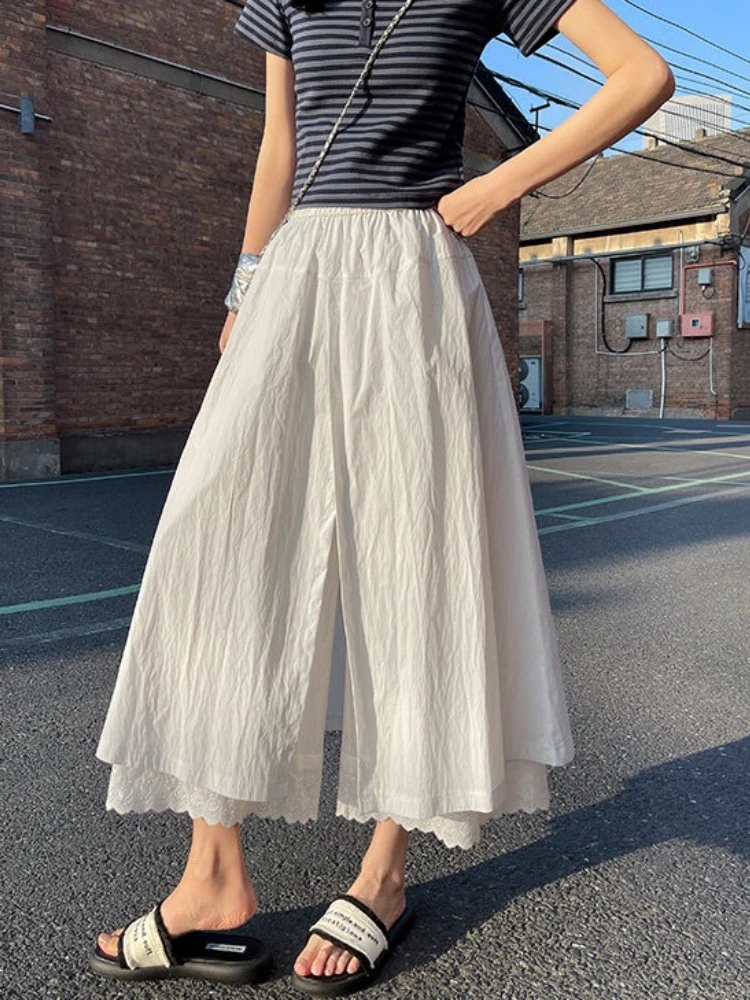 

Lace patchwork wide leg pants women in summer new thin style high waisted elastic and casual solid color nine cropped pants