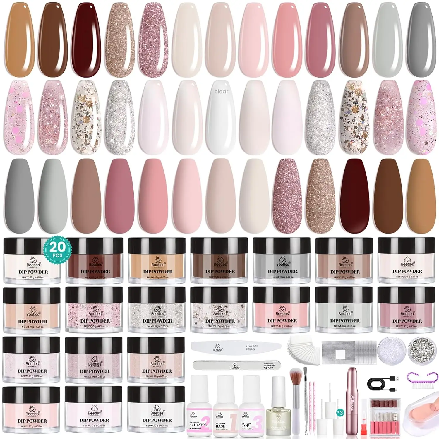 

20-Color Dip Powder Nail Kit with Electric Drill & Liquid Set for Manicure Art - Long Lasting, No UV Cure