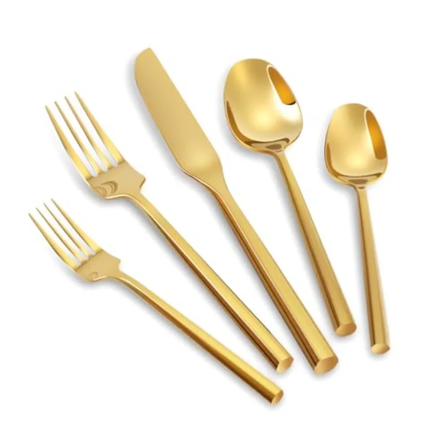 

Набор столовых приборов из 20 предметов: блестящие золотые приборы с шестигранной ручкой, кованые из нержавеющей стали, для дома, отеля, ресторанов