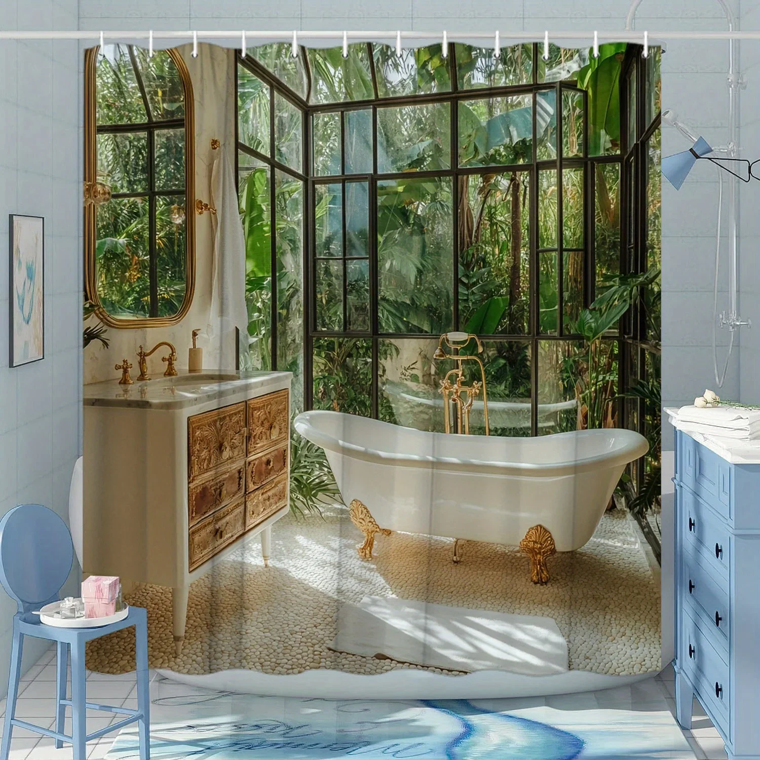 ~O~Vintage Tropical Garden Shower Curtain - Polyester, Fashion Theme, Washable, 12 Hooks, 70.8x70.8 Inches,Luxurious Bathroom De