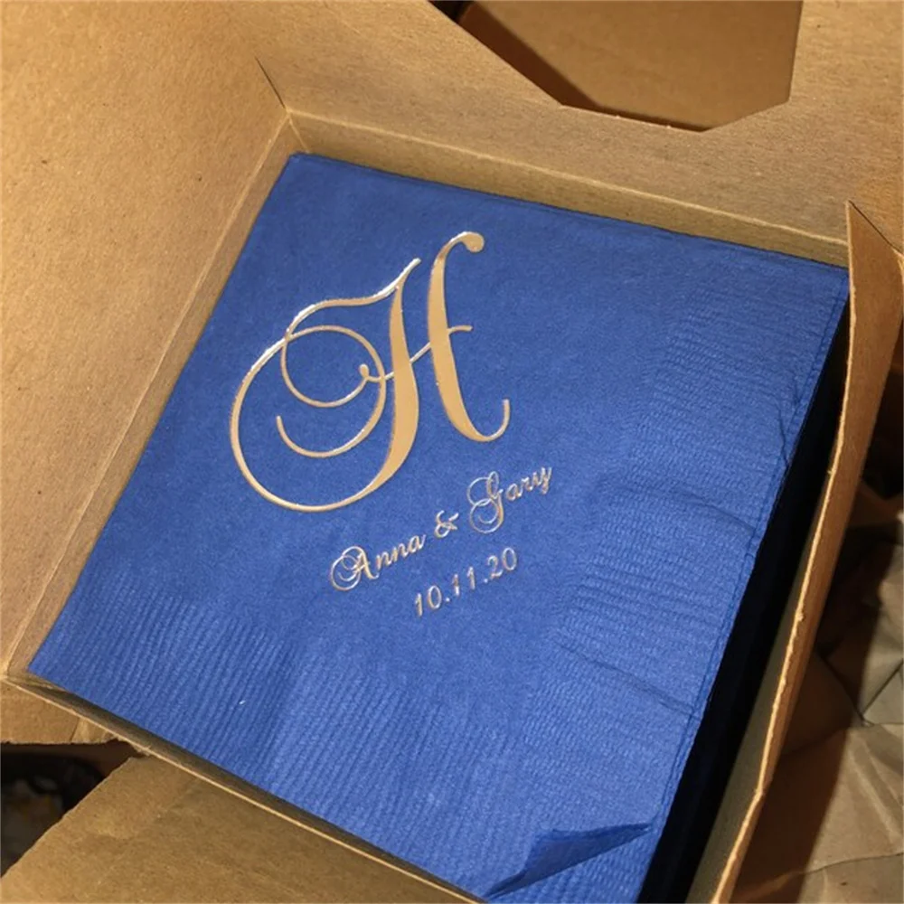 50PCS Personalized Wedding Napkins Cocktail Beverage Luncheon Dinner Guest Towels Monogram Custom Printed Foil Imprinting Imprin