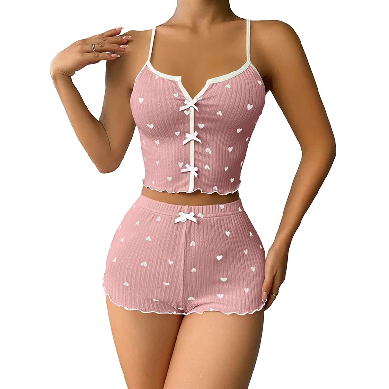 

Summer Two-Piece Women's Casual Home Wear Heart-Shaped Printed Pajamas Sexy Bow Comfortable Ribbed Knitted Women's Pajamas Set ﻿