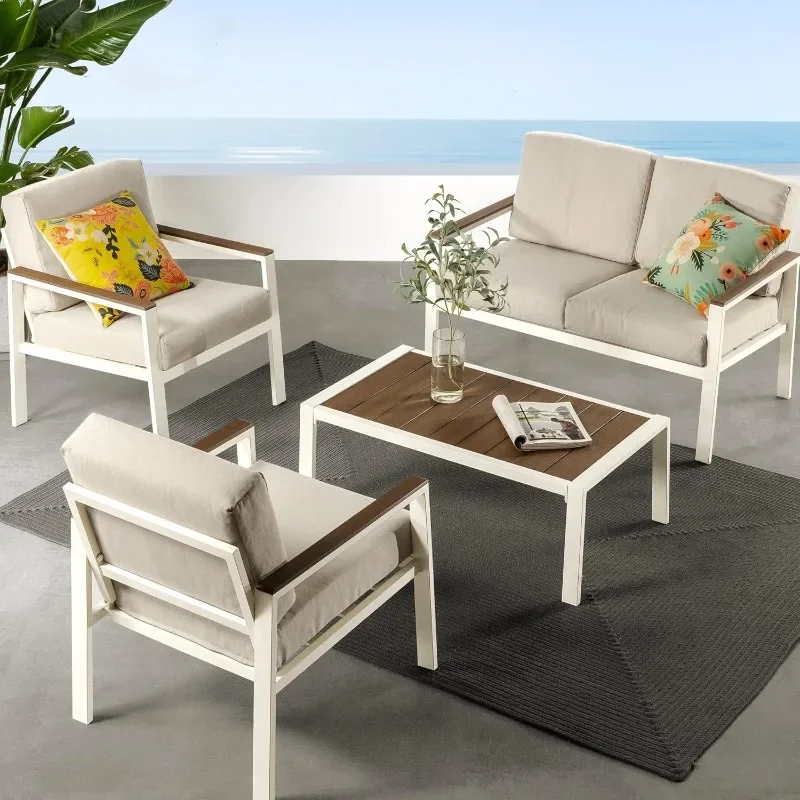 Dillon Aluminium En Poly Timmerhout Outdoor 4-delige Conversatie Set / Patio Meubelen Set/Weerbestendig En Roestbestendig