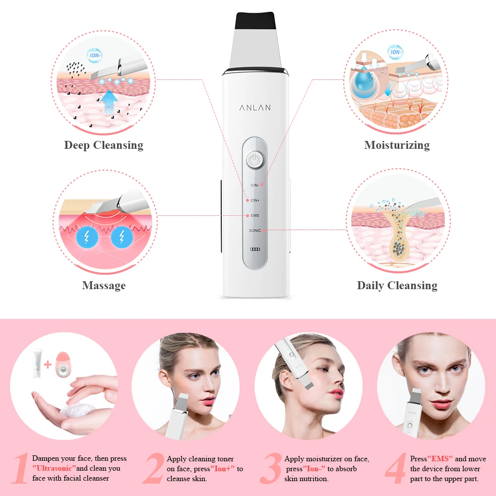 ANLAN Ultrasonic Skin Scrubber Facial Deep Cleansing Ultrasonic Cleansing Cavitation Peeling Shovel Rechargeable Skin Scrubber