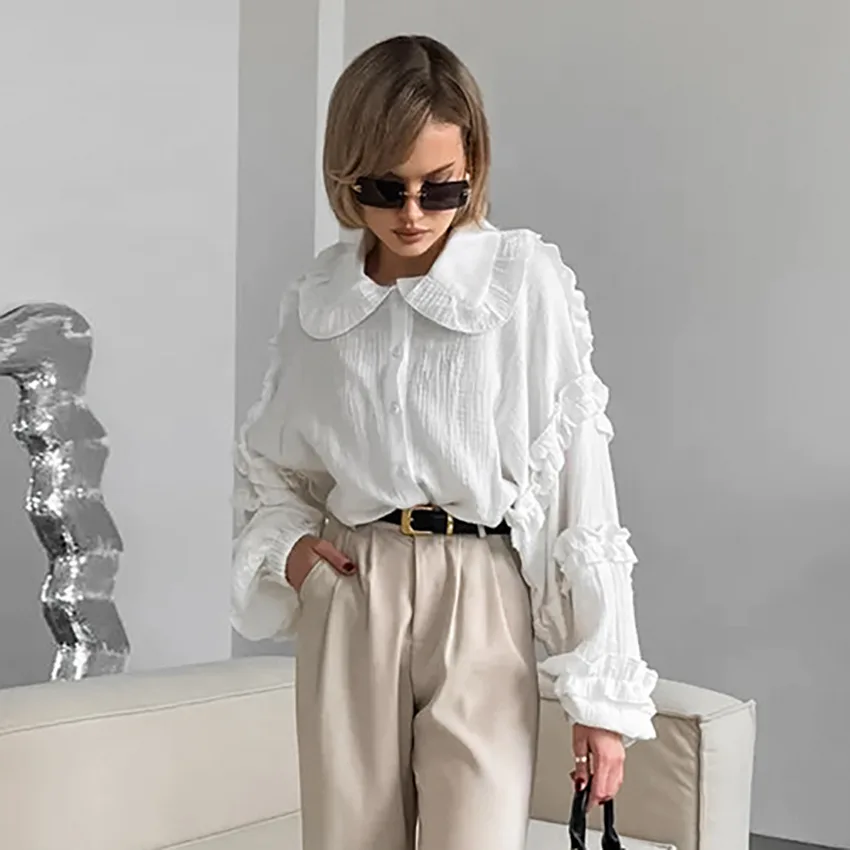 

Spring Commuter Ruffle Edge Doll Collar Shirt Women's Loose Seersucker White Shirt Women's Clothing