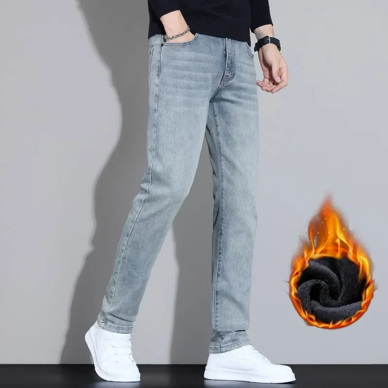 

Stretch Fleece Winter Jeans for Men Fashion Straight Thick Warm Velvet Trousers Comfortable Plush Denim Business Casual Pants