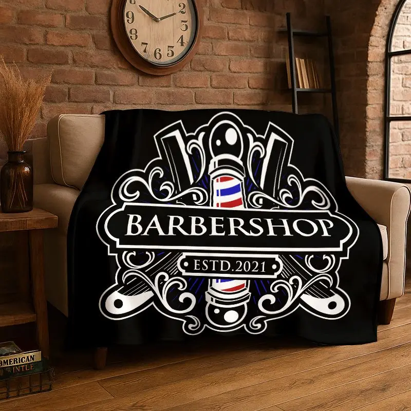 Retro Barber Shop Fashion Sign Flannel Blanket Soft Warm Throw Blanket for Bedroom Living Room Bed Travel Camping Picnic Cover