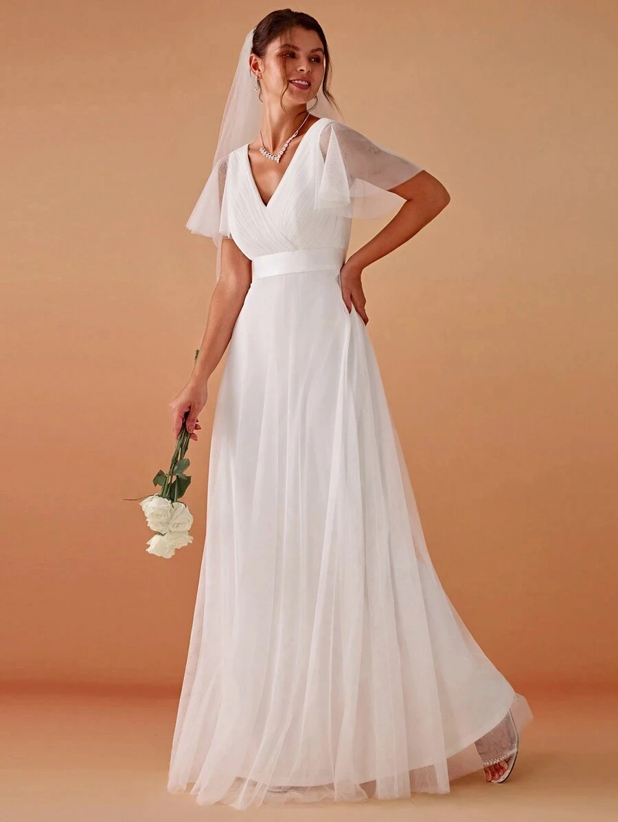 MisShow Elegant Wedding Dresses Ivory White Sexy V-Neck Backless Sheer Short Sleeve Bridal Gowns A-Line Maxi Womens Party Dress