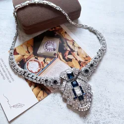 Statement Pendant Necklace Short Rhinestone Blue Glass Jewelry Linked Chains Accessories