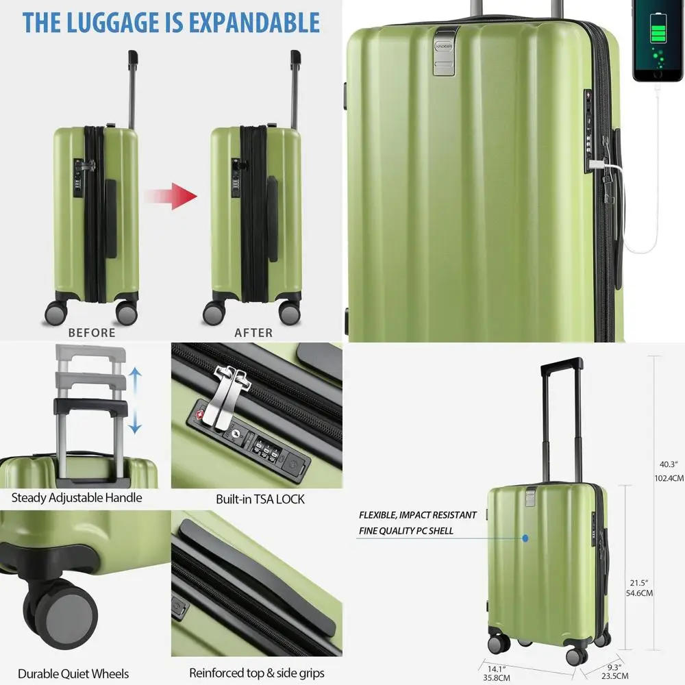 

Расширяемая ручная кладь с жесткими колесами, замком TSA, USB-портом, 20-дюймовым зеленым цветом