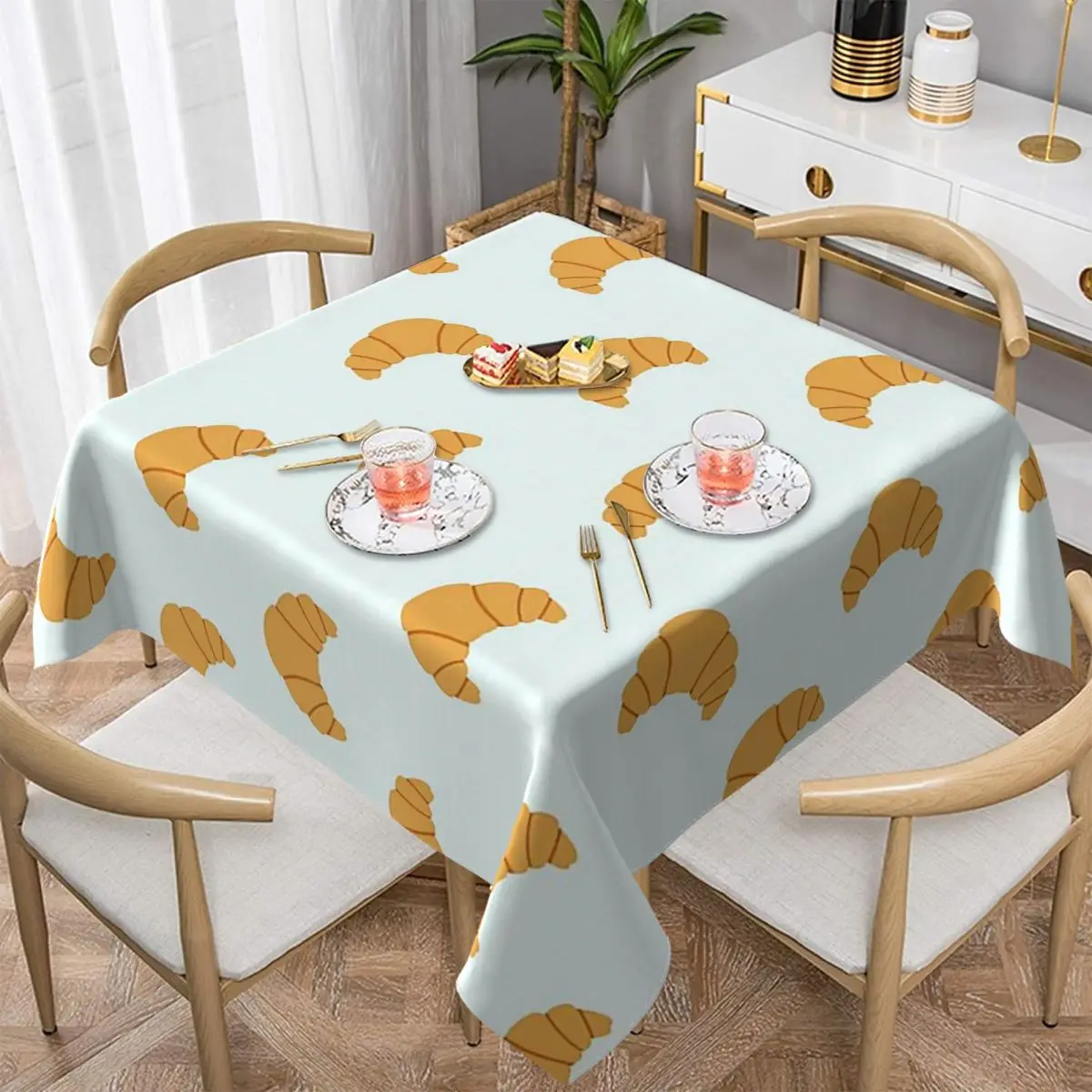 Cute Croissant Print On Blue Background Waterproof Square Tablecloth Oilproof Table Cloth for Kitchen Events Dining Table Cover