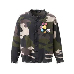 Men's Fashion High Street Camouflage Sweater With Badges Streetwear Ripped Knitted Jumpers Loose Fit Camo Y2K Cardigan Knitwear