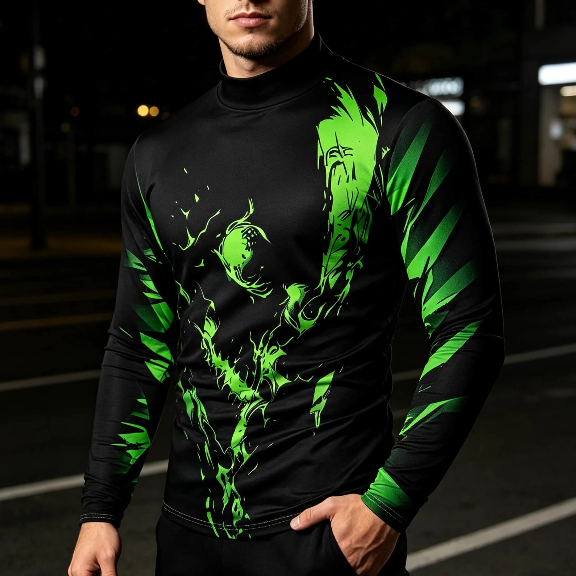 Fierce Animal Graphic Men Mock Neck Long Sleeve Pullover Broken Style Wolf Print Comfortable Daily Sport Streetwear Tops
