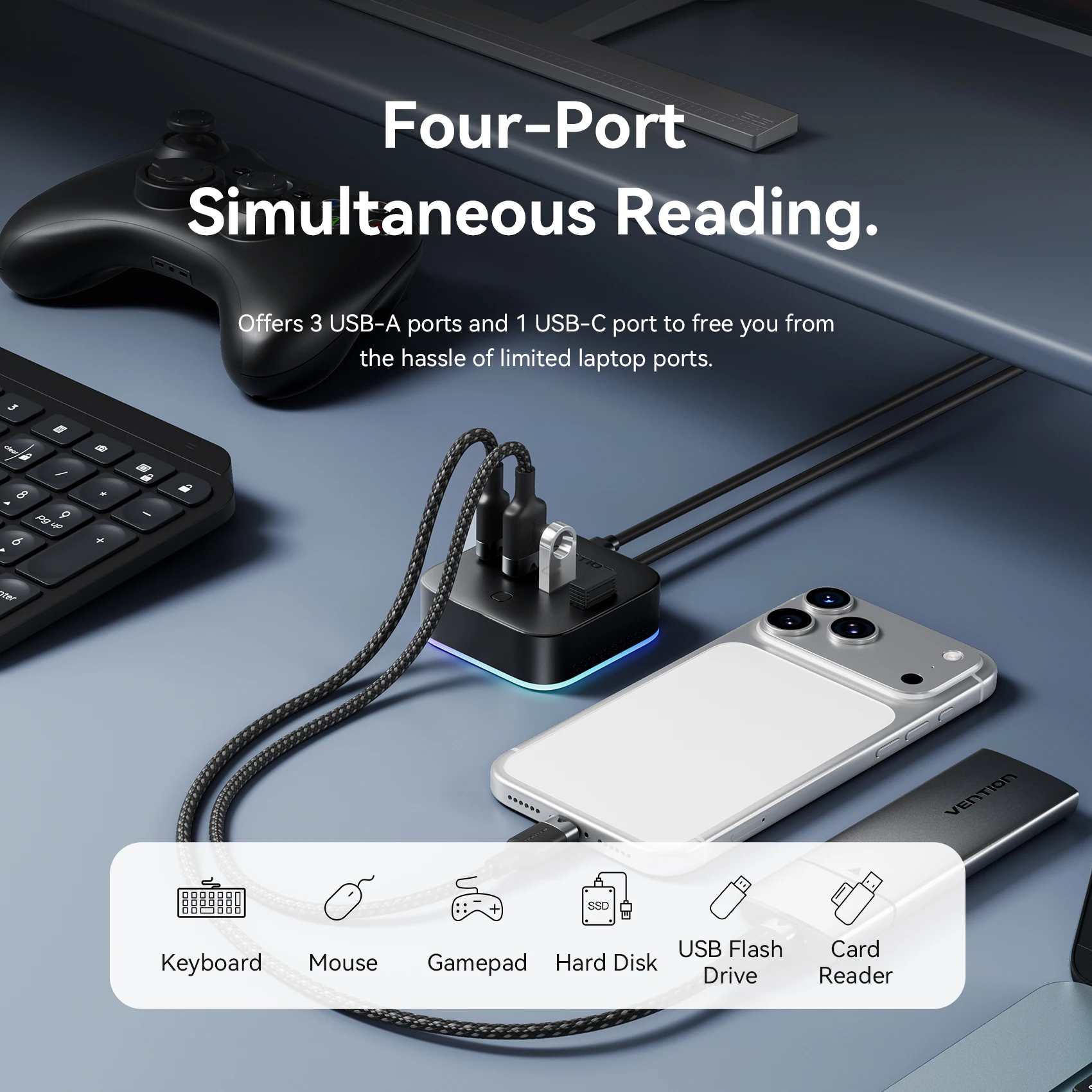 Hub USB A 3.0 Vention z podświetleniem RGB, przełącznikiem, USB C 3.2 Gen1 5Gbps, adapter hub do komputera stacjonarnego, akcesoria do laptopa, rozdzielacz USB, przedłużacz — zdjęcie produktu 4