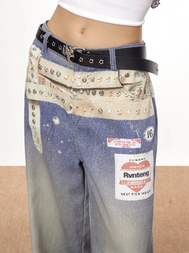 ديبتاون الأزرق خمر الجرافيك المرأة المتعثرة الجينز غسلها واسعة الساق النمط الأمريكي مستقيم سراويل جينز فضفاض عادية Gyaru