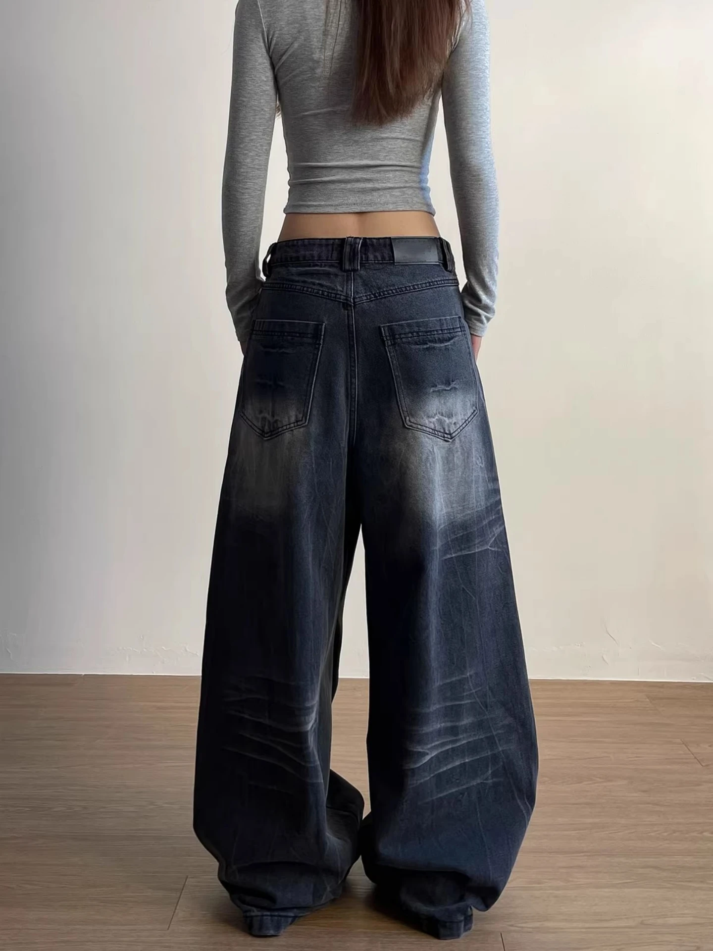 Jeans en denim déchiré à taille haute American Sle pour femmes, pantalon ample à jambes larges, style vintage, pli, élégant
