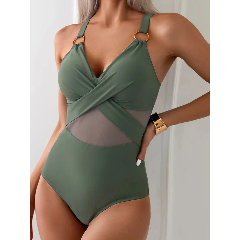 One Piece Ring Link Swimwear 2026 Women Sexy Mesh Ruched Swimsuit Female Bathers Bathing Swimming Swim Bodysuit Beachwear Summer