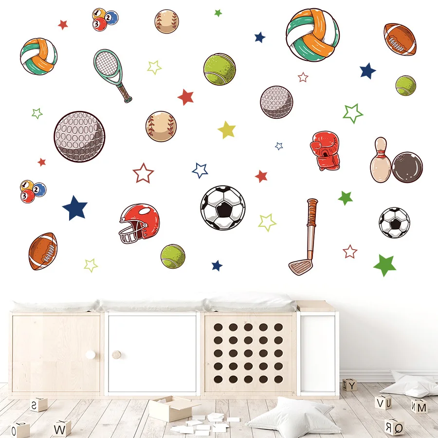 Ball Sports Wall Decals Basketball Football Volleyball Rugby Tennis Bowling Wall Stickers for Boys Bedroom Kids Room Decoration