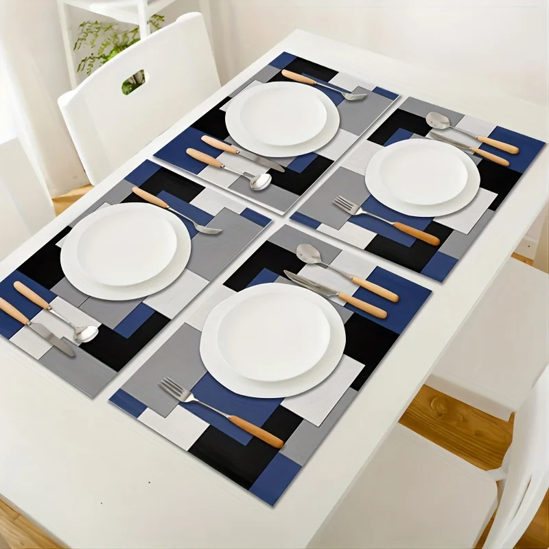 2pcs, Abstract Art Patchwork Placemats Set Blue White Black Grey Kitchen and Dining Table Decor