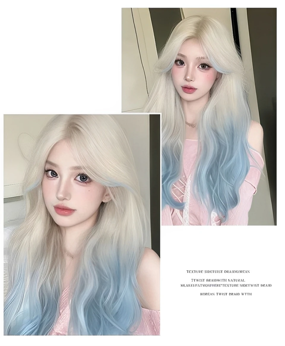OLACARE onda lunga del corpo blu ombre parrucche cosplay parrucche sintetiche resistenti al calore frangia parrucche Lolita naturali per le donne Halloween