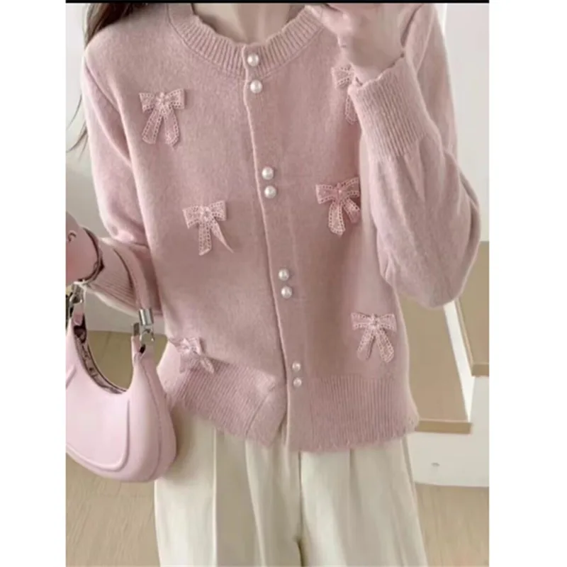 

Elegant Bow Sweater Jacket Women Autumn 2025 Sweet O-neck Single Breasted Top Korean Version Long Sleeved Knitted Cardigan