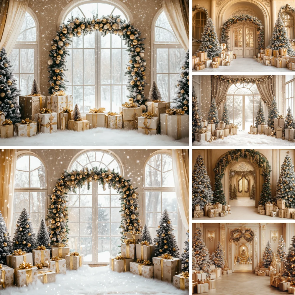 

Christmas Decorations Backgrounds for Photographs White Curtain Window Xmas Tree Indoor Decor Family Portrait Photo Backdrops