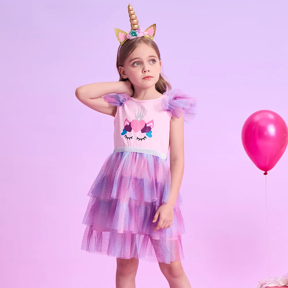 Mädchen Kleinkind Einhorn Kleid Rosa Lila Farbverlauf Glitzer Tüll Krone Herz Design Flauschig Layered Niedlich Party Casual Alltag Kleider – Detail 2