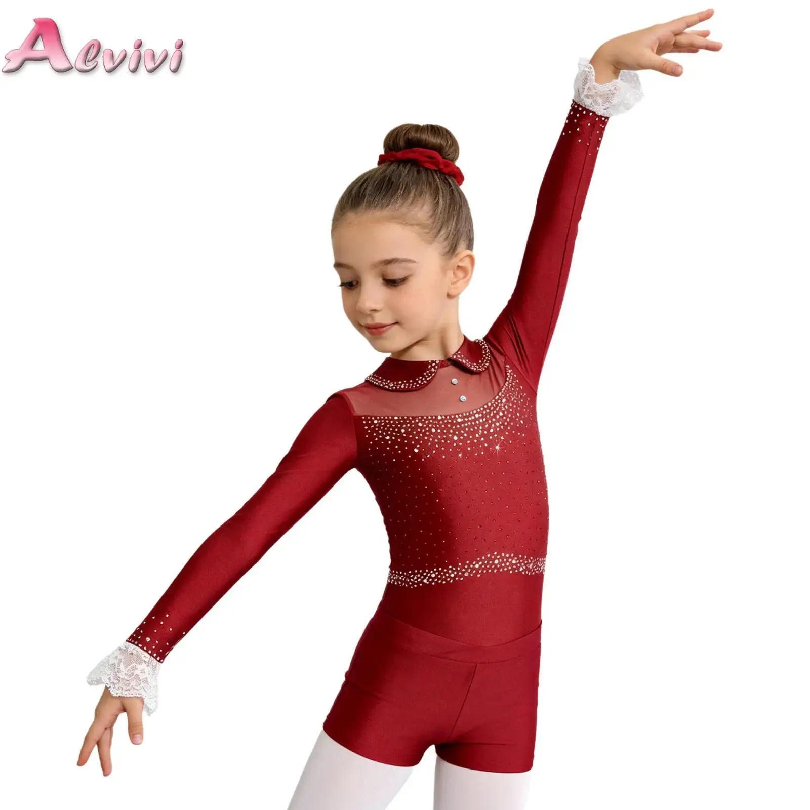 Kids Girls Gymnastics Figure Skating Dance Outfit Long Sleeve Mesh Lace Cuffs Sparkling Rhinestone Leotard with Shorts Hairband