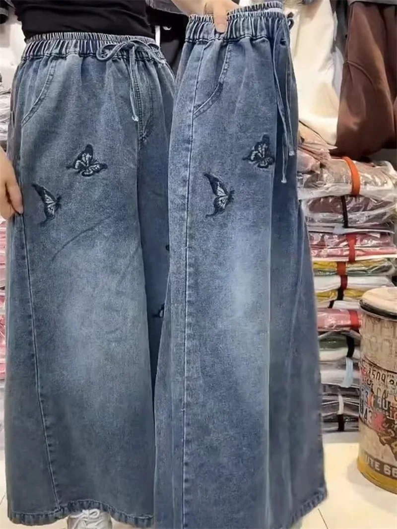 2025年ニューレトロアート中華風重工業刺繍入りカウボーイワイドレッグパンツ（伸縮性9％）女性用