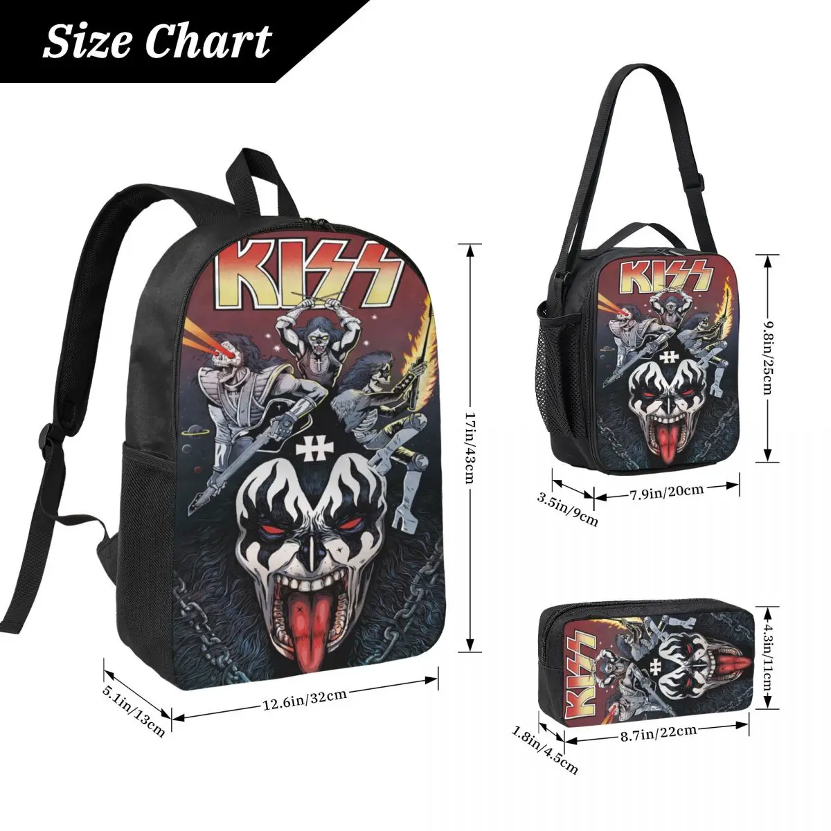 Kiss Band Rock Roll กระเป๋าเป้สะพายหลังเด็กกล่องอาหารกลางวันปากกากระเป๋าสําหรับชายหญิงกระเป๋าเป้สะพายหลัง Kawaii กระเป๋านักเรียน Bookbag ชุด