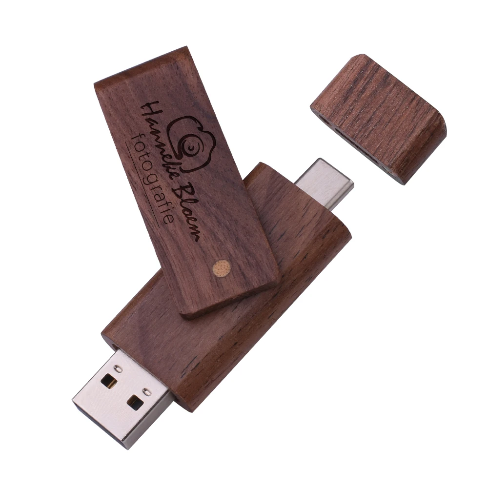 JASTER Free Custom Logo USB Flash Drive TYPE-C 2 in 1 128GB Wooden Rotatable Memory Stick 64GB Business Gift Pen Drive 32GB 16GB