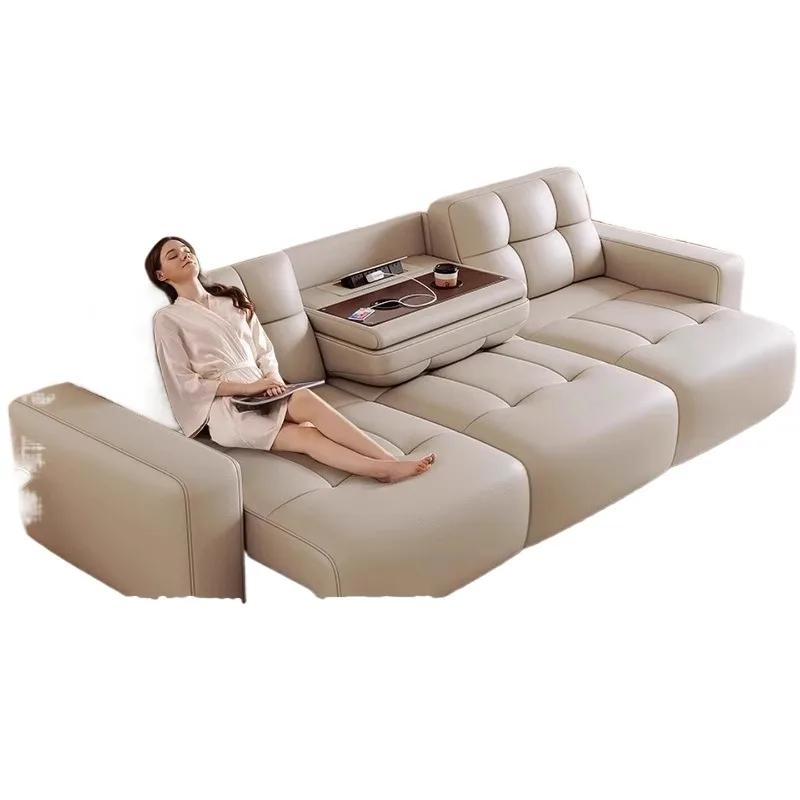 

Leather sofa living room small apartment zero wall electric trailer adjustable functional sofa