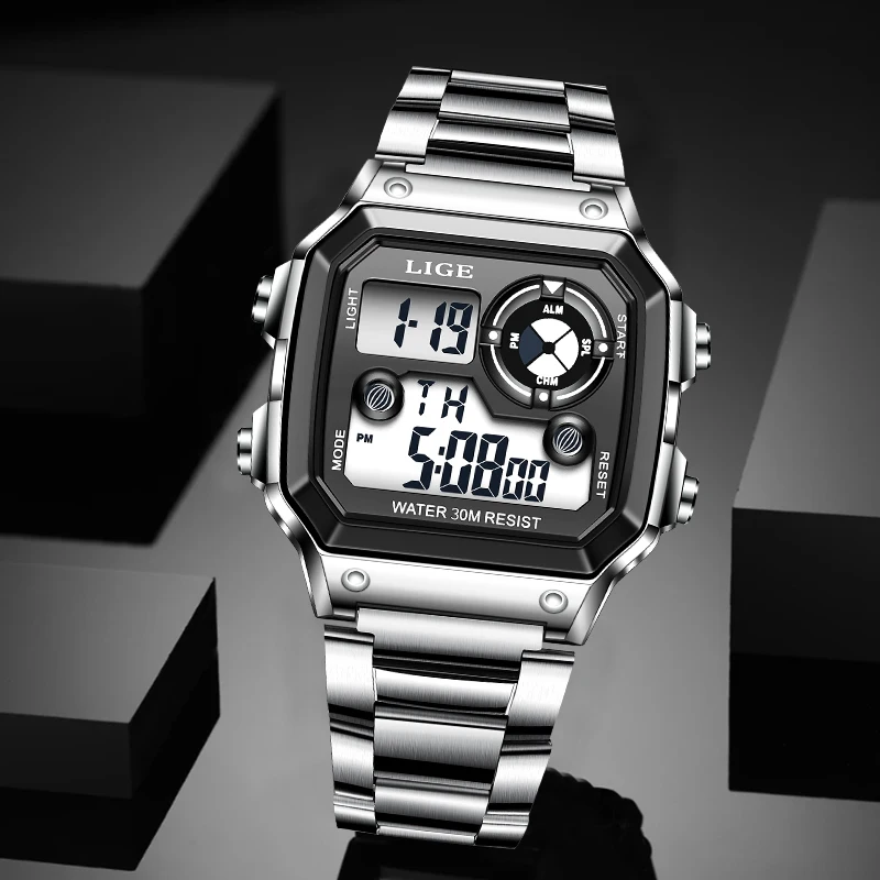 LIGE Fashion Casual Electronic Man Watch Sports Waterproof Luminous Alarm Stainless Steel Band Digital Men's Watches Chronograph view 3