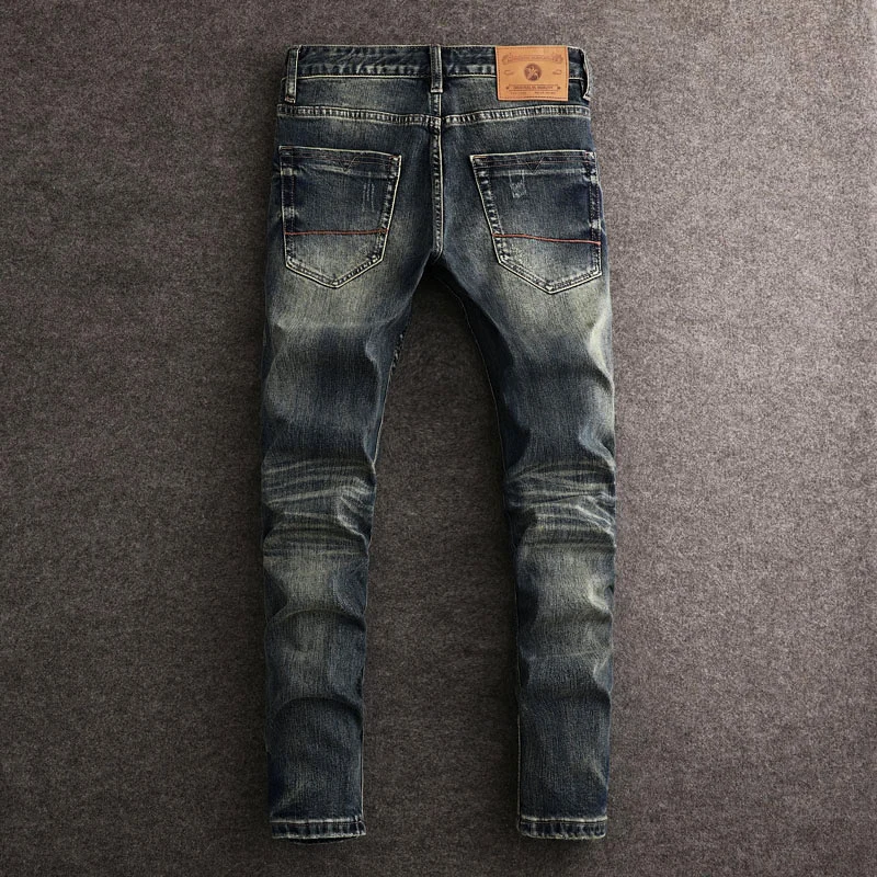 Fashion Designer Men Jeans High Quality Retro Black Blue Stretch Slim Fit Ripped Jeans Men Trendy Trousers Vintage Denim Pants