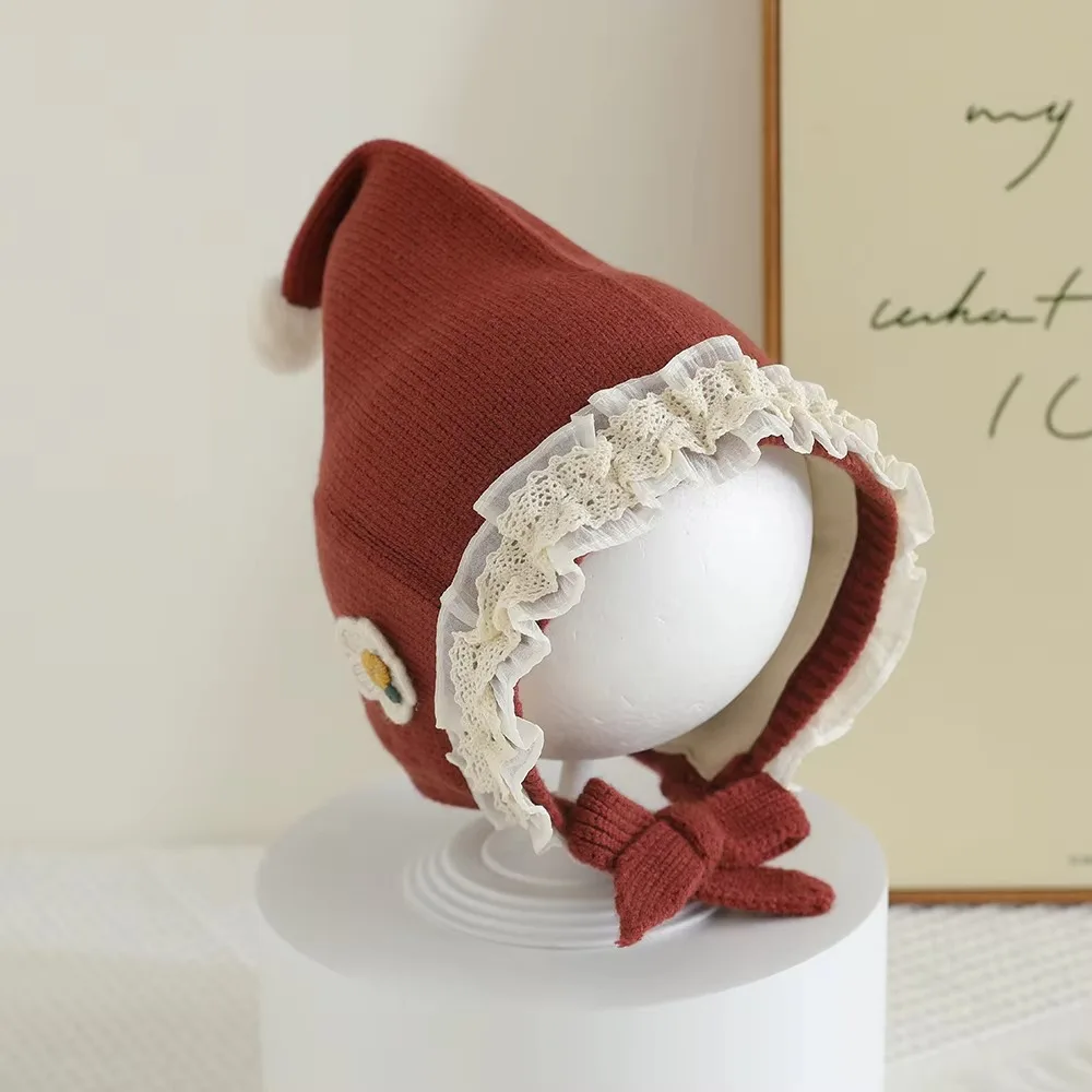 

Новая детская вязаная шапка с цветами, утолщенная с кружевными полями, детская шапка, морозостойкая, ветрозащитная, теплая зимняя шапка