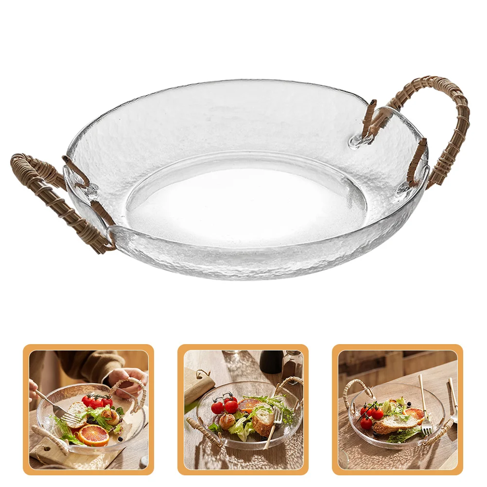 

Exquisite Glass Fruit Bowl Rattan Handle Decorative Holder for Kitchen Dining Table Centerpiece Storage of Candies Nuts Dried