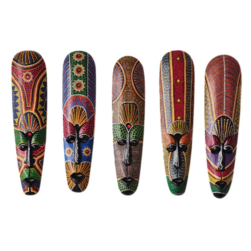 Wooden Mask Wall Hanging Solid Wood Carving Painted Facebook Wall Decor Bar Home Decorations African Totem Mask Crafts