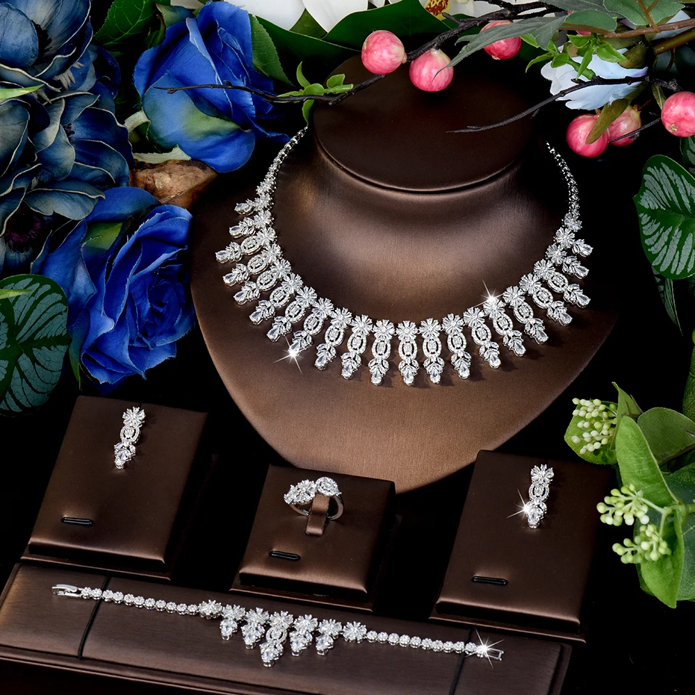 

HIBRIDE High Quality Light Luxury Jewelry 4 Piece Women's Dress Necklace Earrings Bracelet Suitable for Dubai Wedding Gift S-981