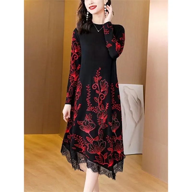 Abito maglione autunno inverno da donna Camicia che tocca il fondo Abito lavorato a maglia jacquard con blocchi di colore di fascia alta Pullover maglione di media lunghezza