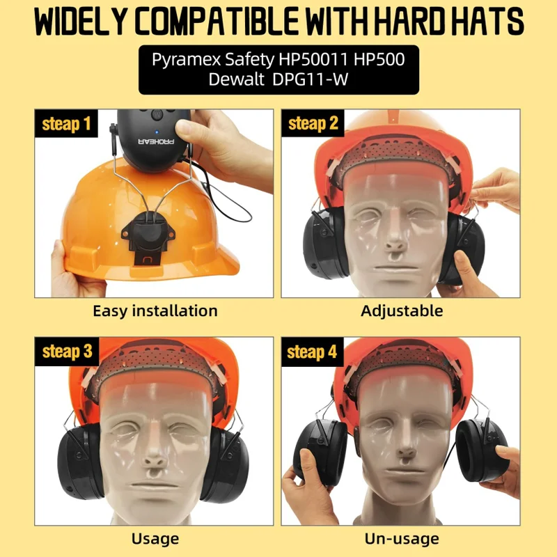 PROHEAR Bluetooth 5.3 อิเล็กทรอนิกส์ Earmuffs พร้อมอะแดปเตอร์สําหรับ 3M H-700 หมวก DEWALT หมวกป้องกันหูสําหรับ Worker ตัดหญ้า