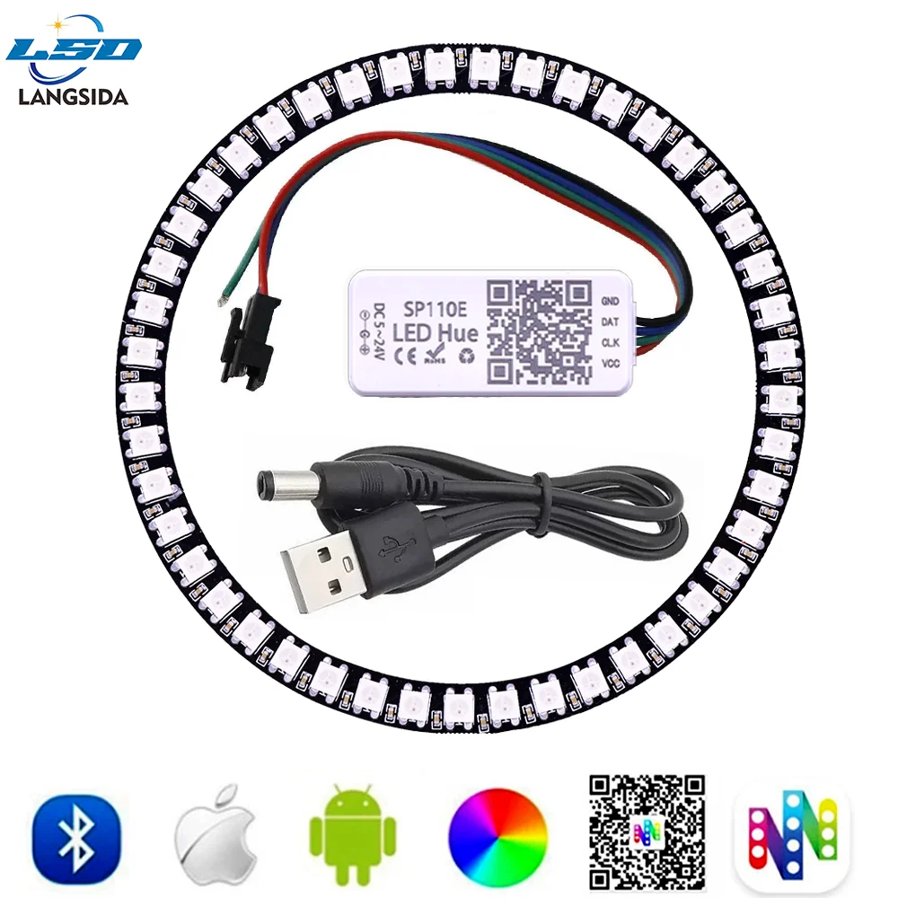 

USB DC5V COB RGB WS2812 LED Strip Individually Addressable with SP110E Bluetooth APP Controller 8/16/24/35/45/128LEDs/m LED Ring