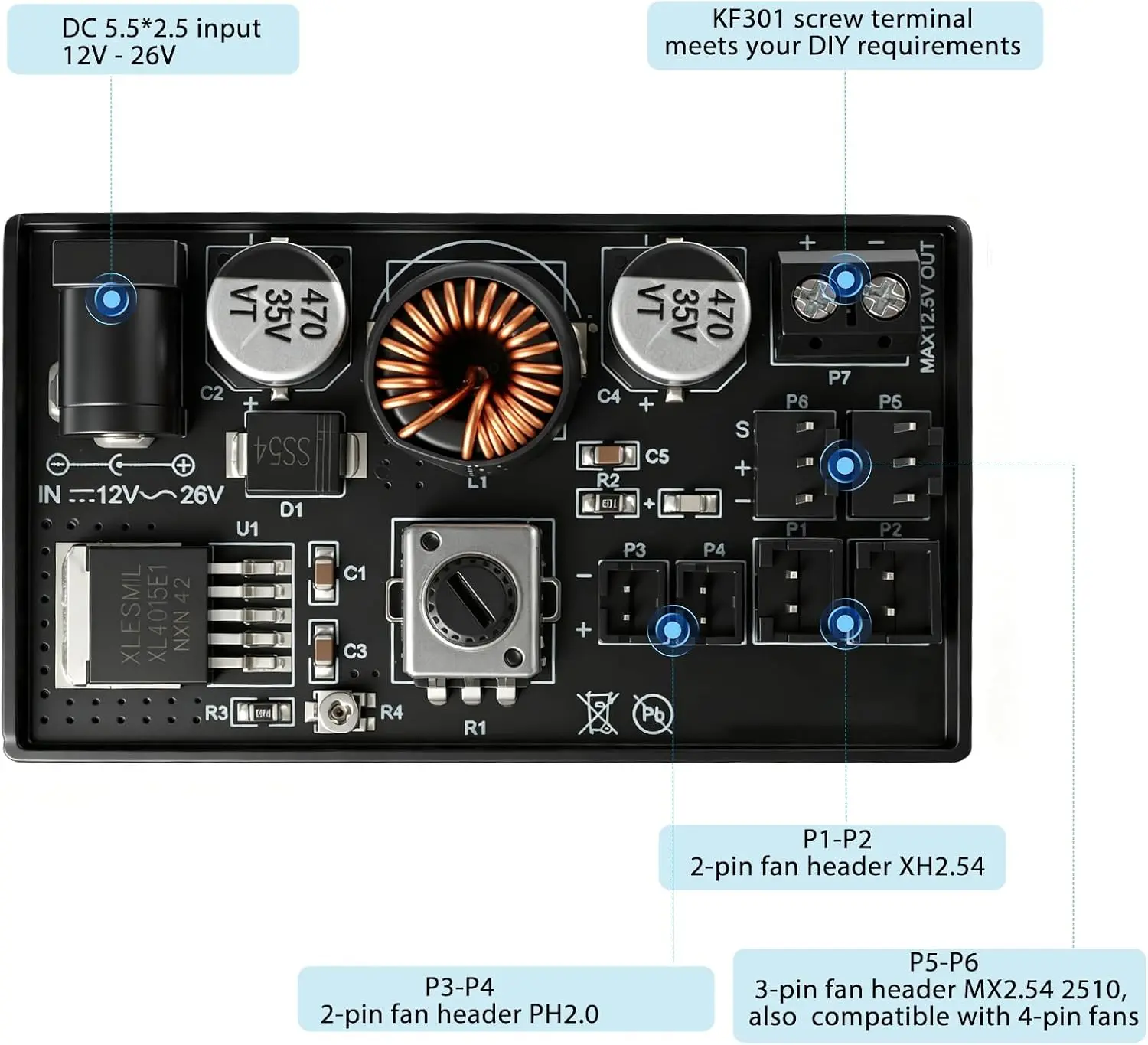 RGEEK 12V Max 40W PC Fan Speed Controller for 2 Pin 3 Pin Fans, DC5525 12-26V Input,1.25V-12.5V Adjustable Output