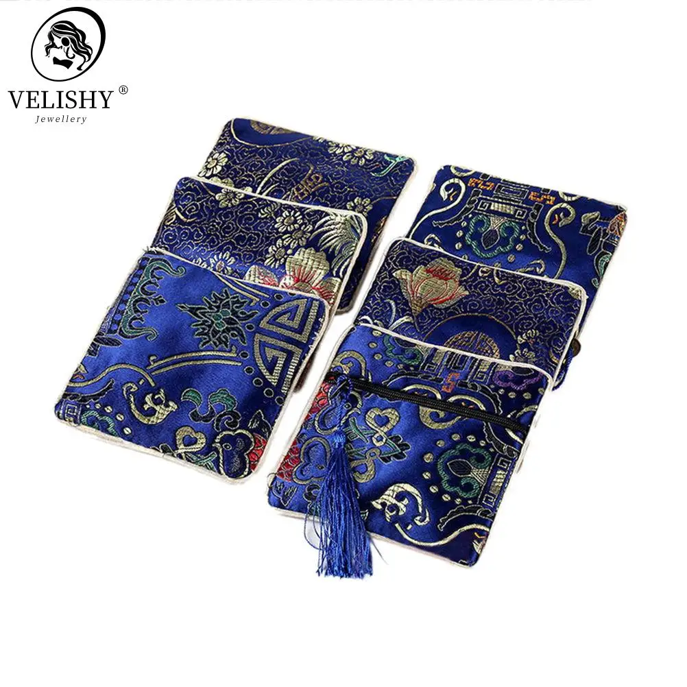 Chinese Brocade Handmade Silk Embroidery Padded Zipper Small Jewelry Gift Storage Pouch Bag Snap Case Satin Coin Purse