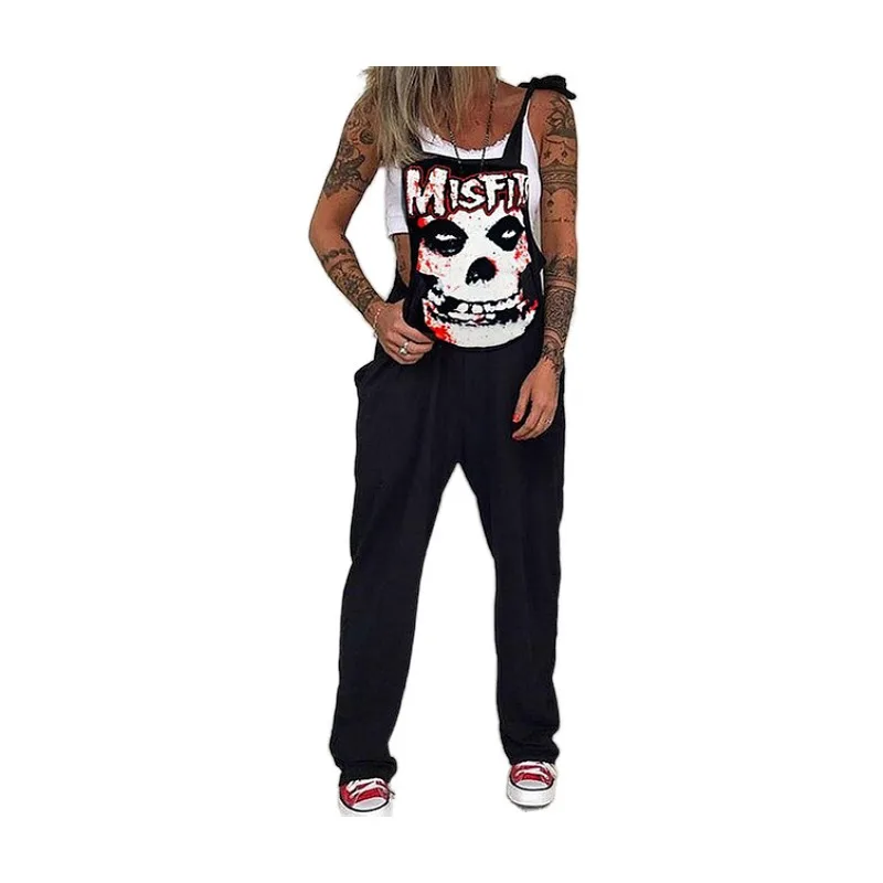 European  Fashion Gothic Skull Print Jumpsuits Plus Size 5xl Women Spaghetti Strap Trouser Sexy Pocket Design Overalls Bodysuit