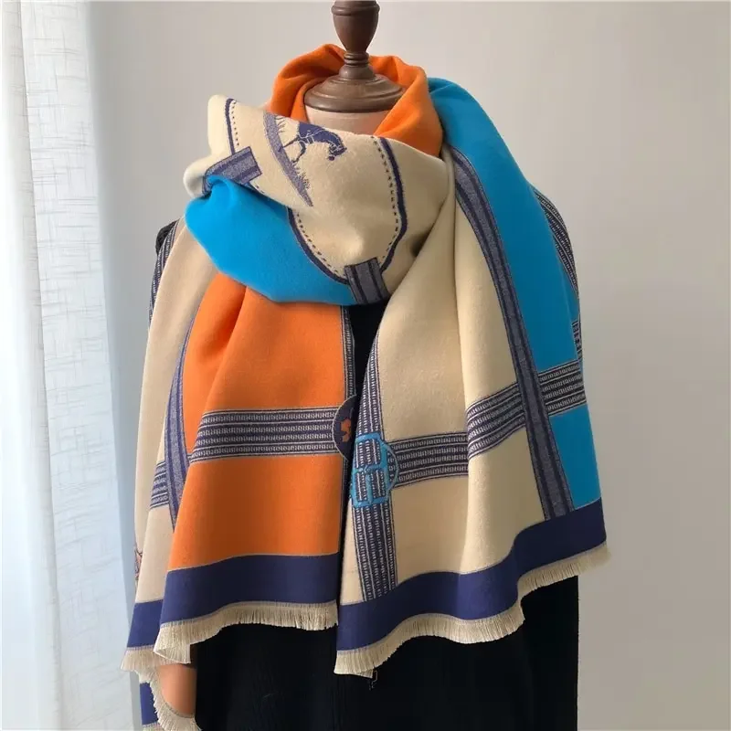 Thick Women Winter Scarf Luxury Horse Print Cashmere Poncho Shawl Travel Wraps Pashmin Blanket Casual Bufanda Echarpe