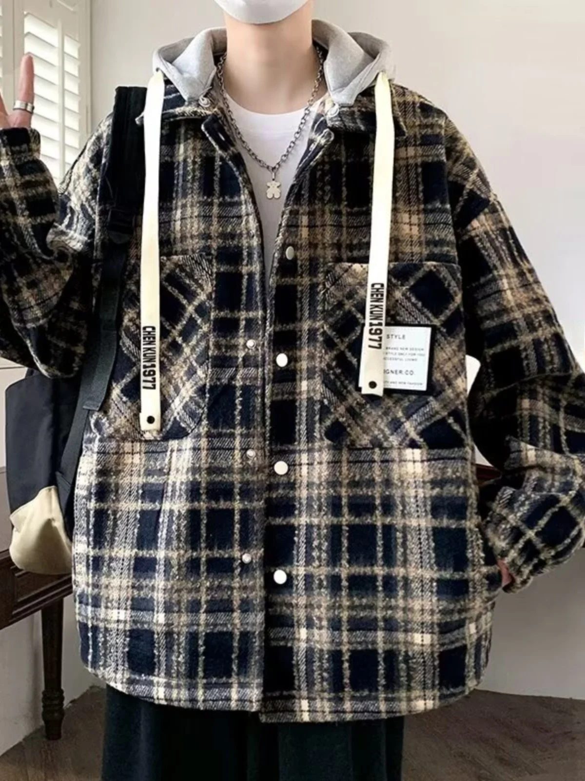 

Hong Kong Sle Plaid Jaet Men's Spring Autumn Hooded Loose Fit Youthful Brand Trendy Large Size Long Sve Outerwear
