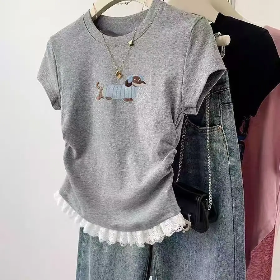 Lace Trim Puppy Dogs Print Short Sleeve T Shirt Summer Short Style for Petites Grey & Black Ribbed Slim Fit Crop Top for Women