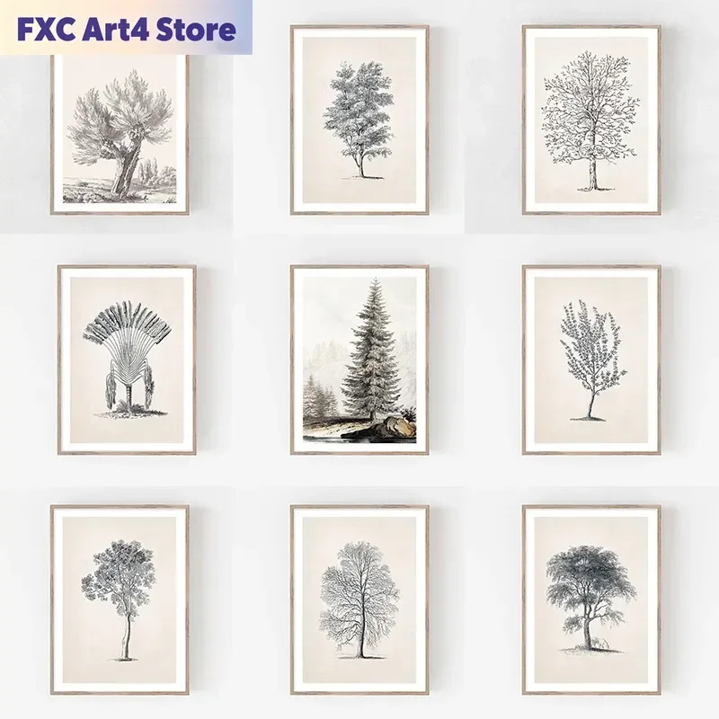 Affiches et impressions sur toile sans cadre, style vintage, représentant des arbres, des paysages, des plantes botaniques et des cyprès, pour décoration murale de salon